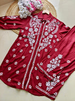 chikankari kurti trouser cord set maroon