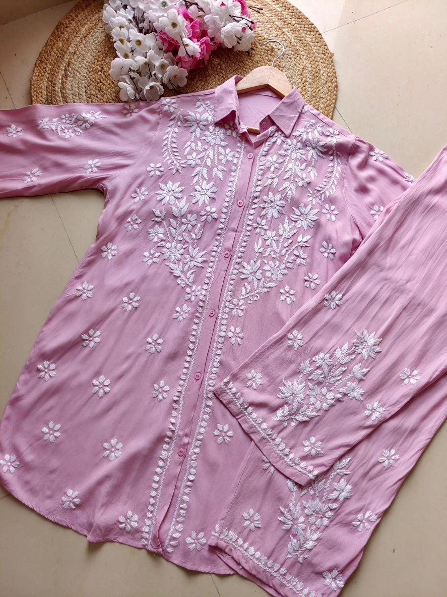 chikankari kurti trouser cord set spread out pink