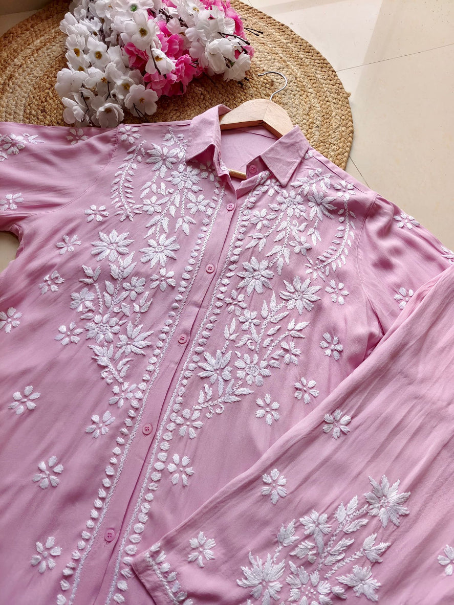 chikankari kurti trouser cord set pink