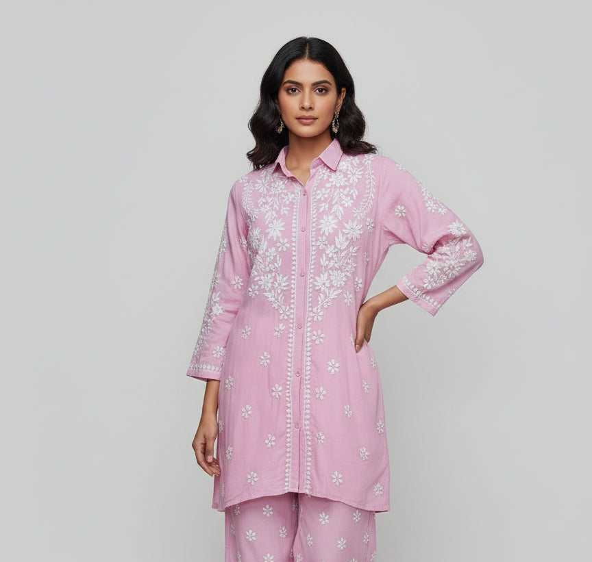 chikankari kurti trouser cord set pink