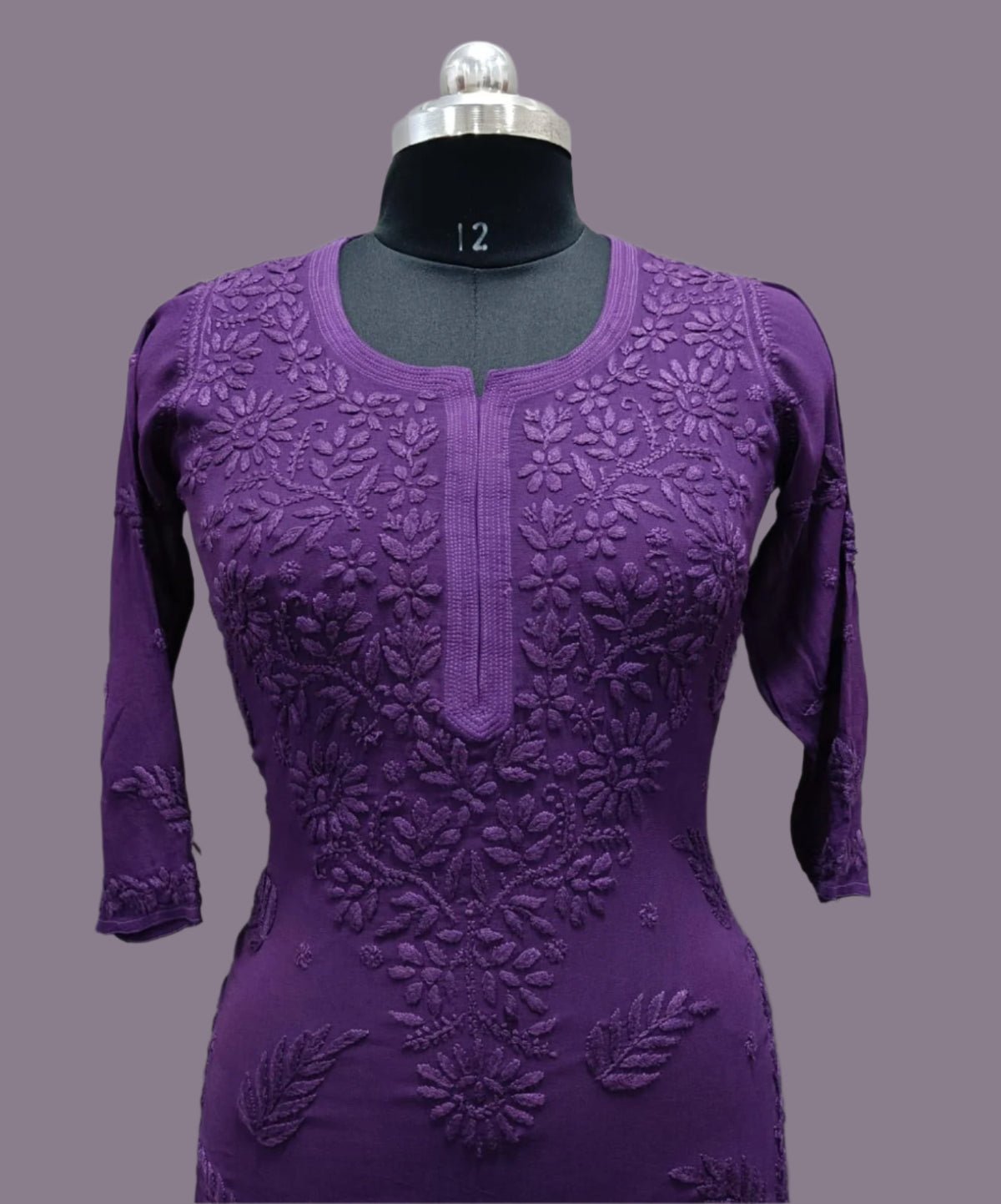 Chikankari kurti viscose close up of detailed deep embroidery on mannequin
