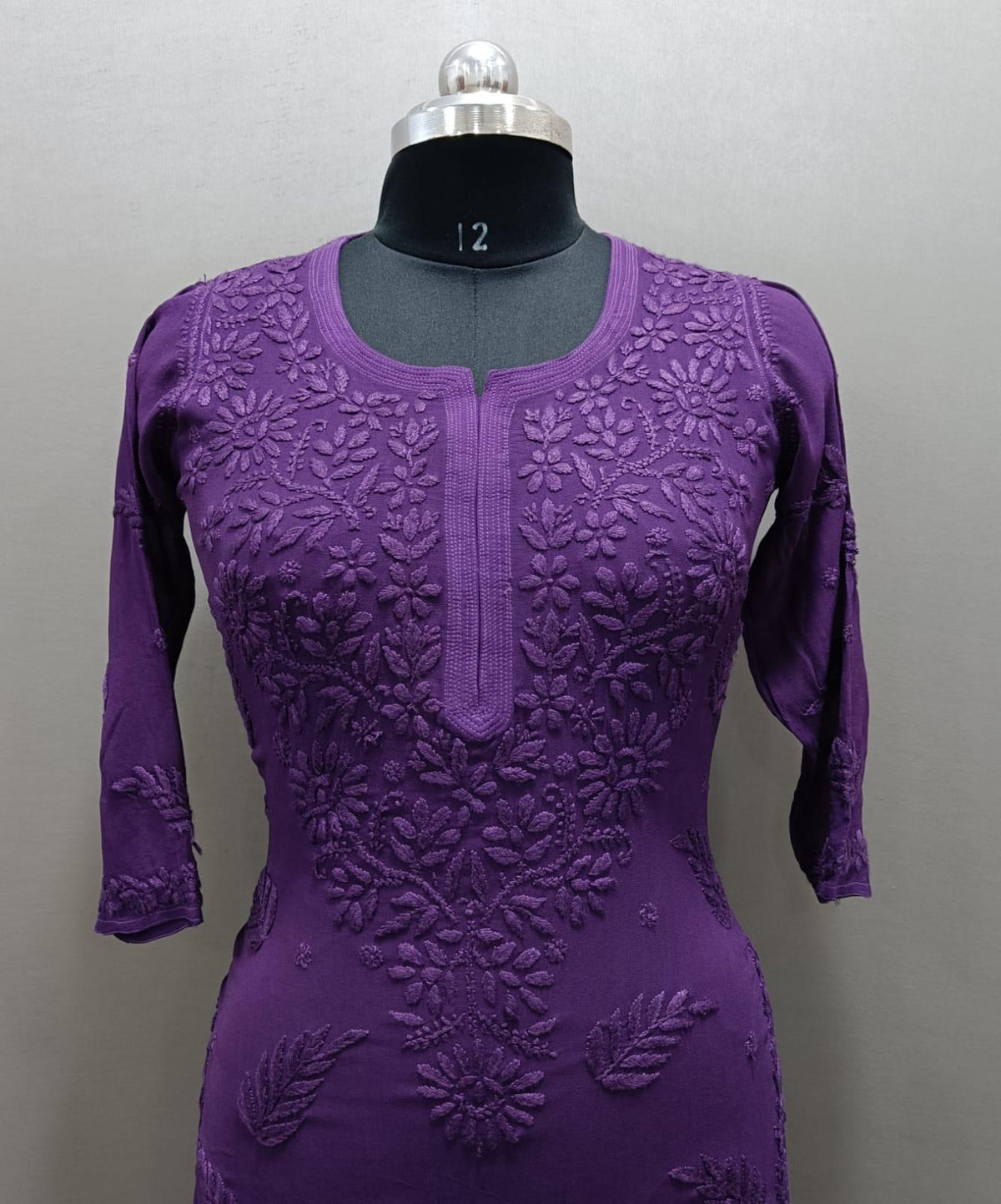 Chikankari kurti viscose close up of detailed deep embroidery on mannequin