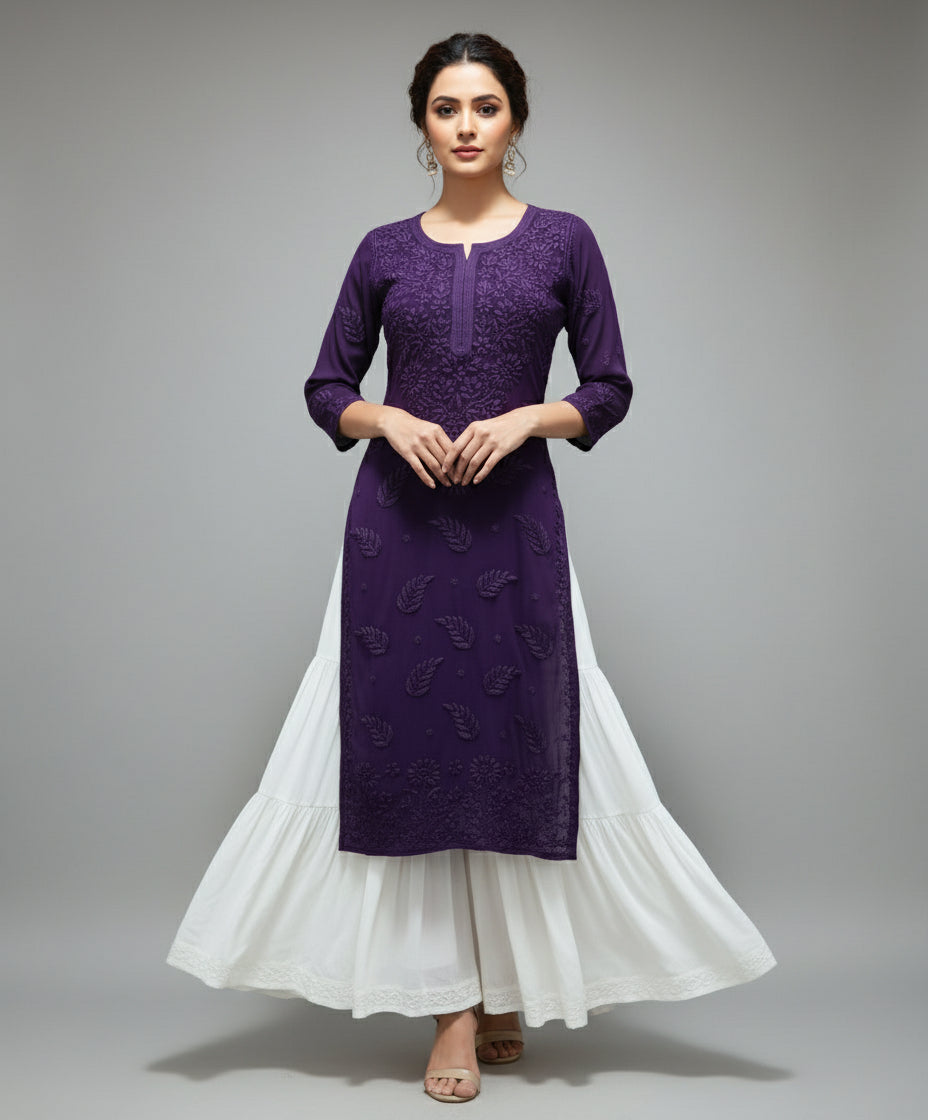 A long, purple viscose kurti with hand-embroidered Chikankari patterns displayed on a mannequin.