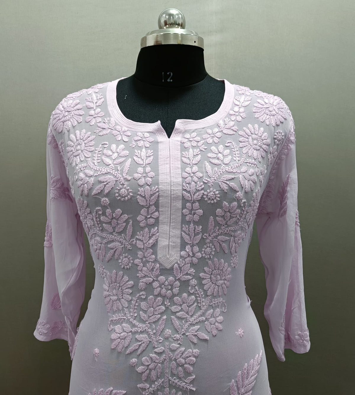 Pink Chikankari kurti viscose close up of detailed hand embroidery on mannequin