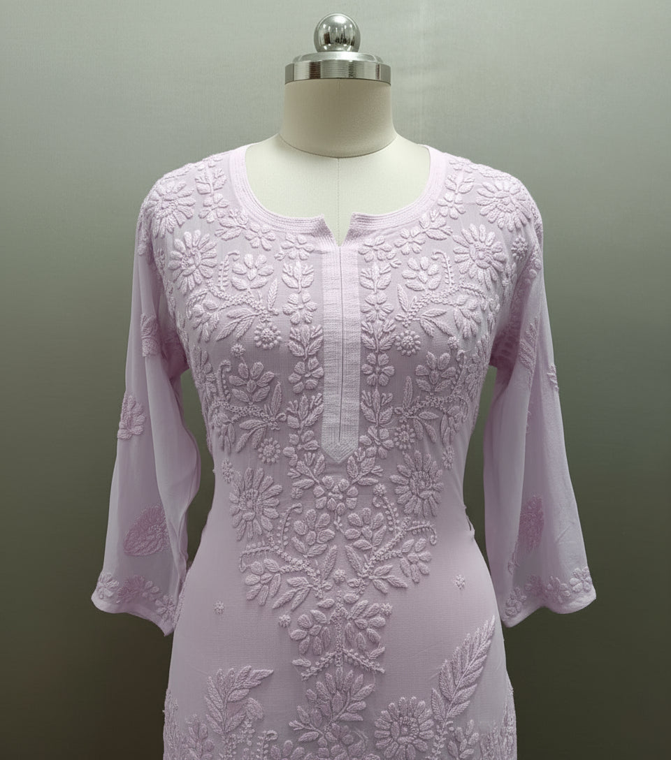 Pink Chikankari kurti viscose close up of detailed hand embroidery on mannequin