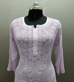 Pink Chikankari kurti viscose close up of detailed hand embroidery on mannequin