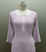Pink Chikankari kurti viscose close up of detailed hand embroidery on mannequin