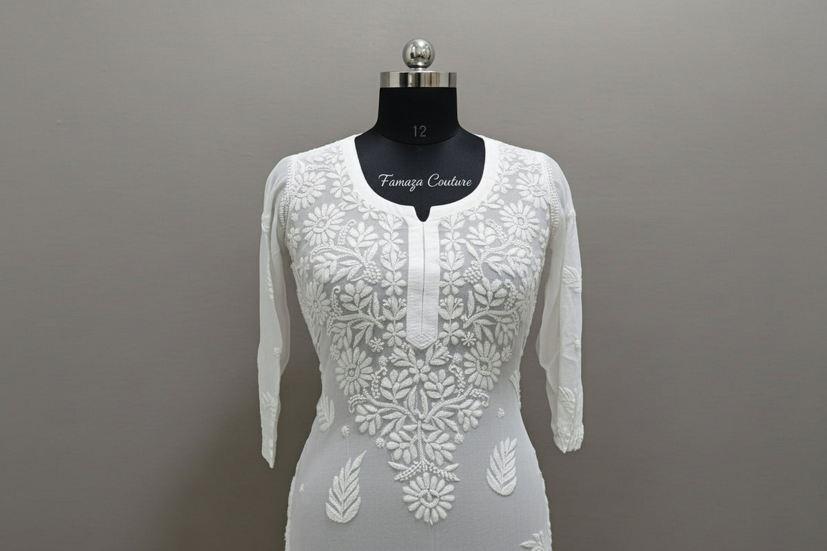Chikankari kurti viscose close up of detailed deep embroidery on mannequin