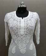 Chikankari kurti viscose close up of detailed deep embroidery on mannequin