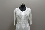 Chikankari kurti viscose close up of detailed deep embroidery on mannequin