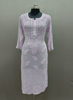 A long, pink viscose kurti with hand-embroidered Chikankari patterns displayed on a mannequin.