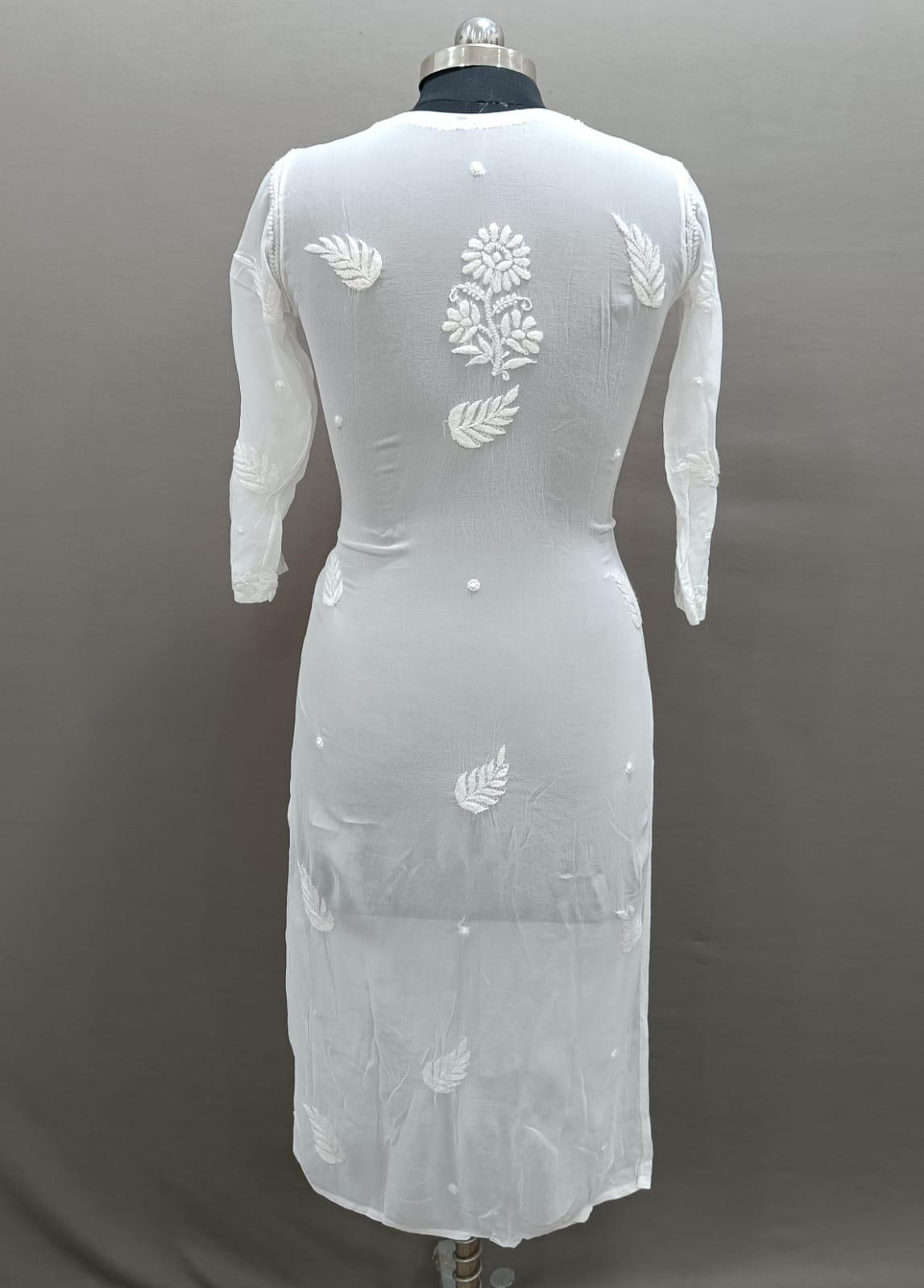 Chikankari kurti viscose rear view in white