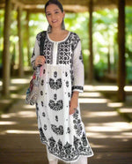 White Chikankari kurti with black embroidery for women