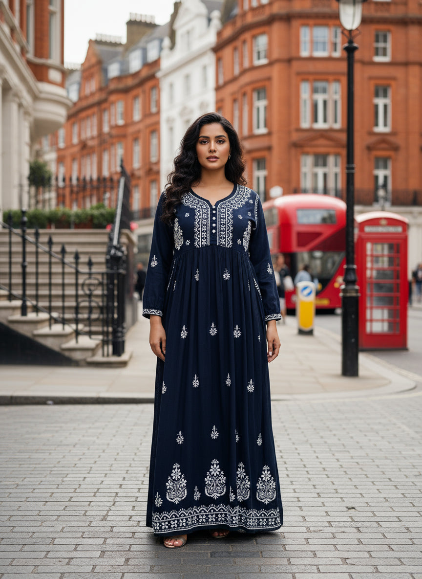 Chikankari kurti with pockets, black with hand embroidery