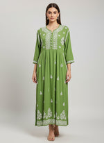 green Chikankari long dress with pockets, with hand embroidery by famaza couture