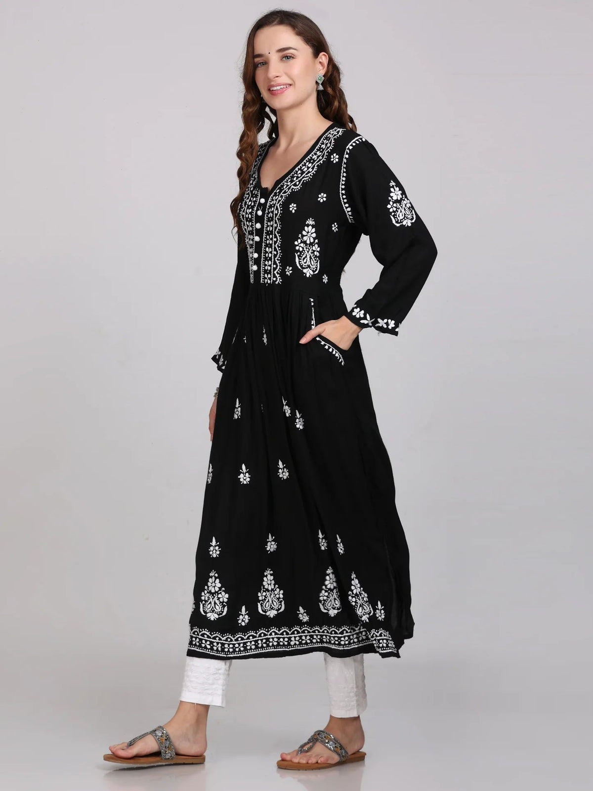 black chikankari kurti with pockets, left side view