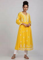 yellow chikankari long dress with pockets, side view