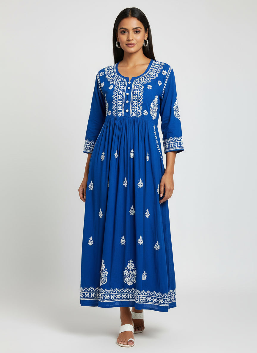 Chikankari blue long dress with pockets, with hand embroidery by famaza couture