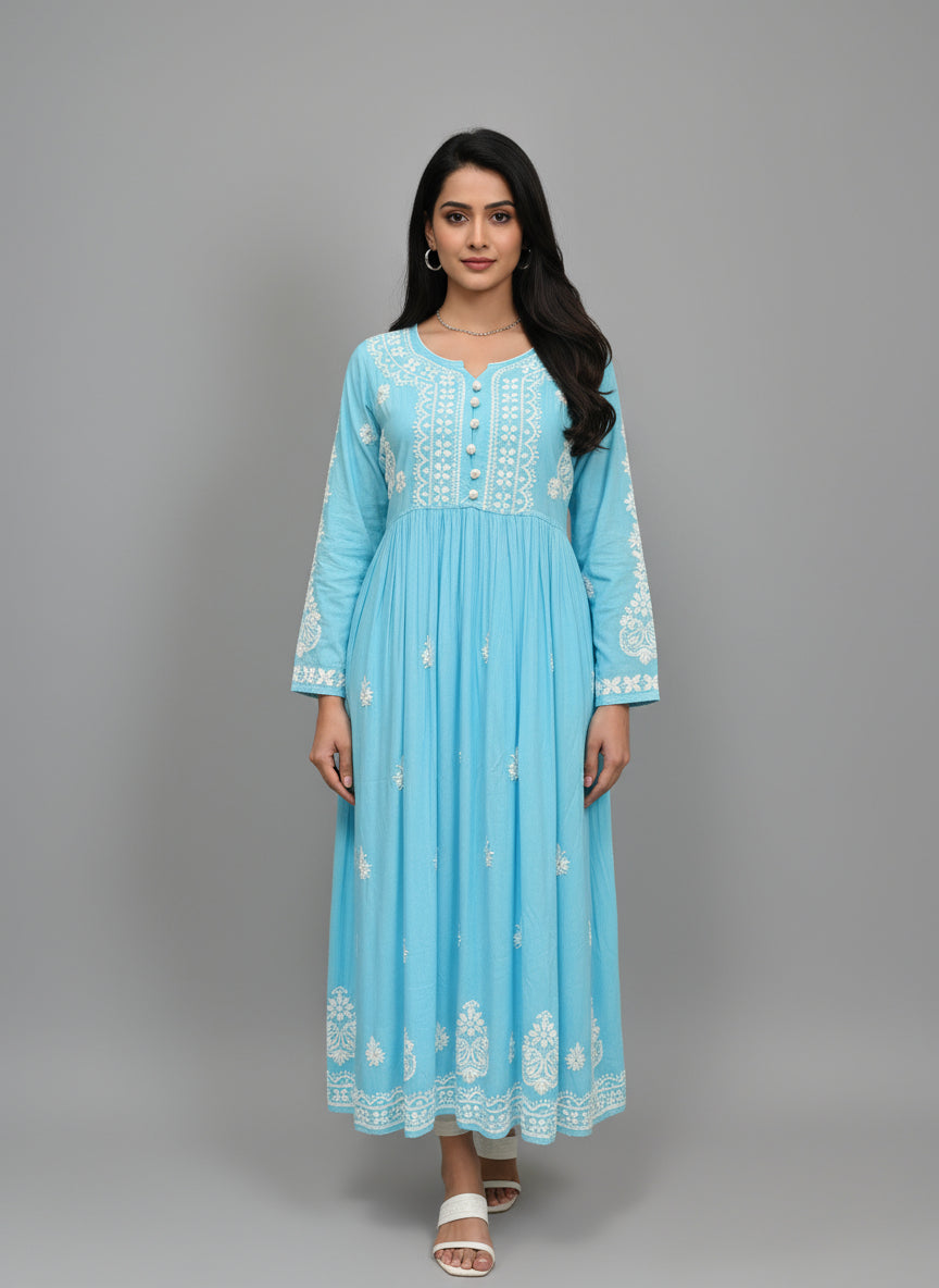 sky blue Chikankari long dress with pockets, with hand embroidery by famaza couture