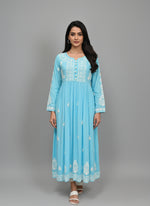 sky blue Chikankari long dress with pockets, with hand embroidery by famaza couture