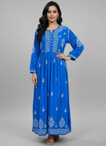 blue Chikankari long dress with pockets, with hand embroidery by famaza couture
