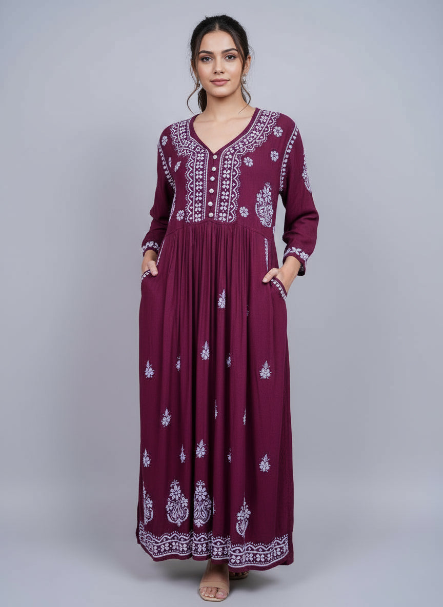 Maroon Chikankari long dress with pockets, with hand embroidery by famaza couture