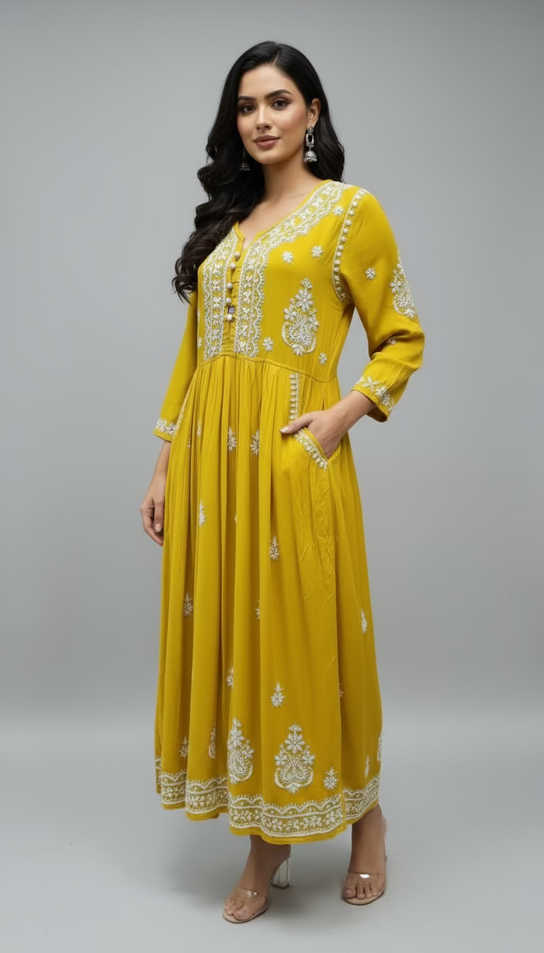 Mustard Chikankari long dress with pockets, with hand embroidery by famaza couture