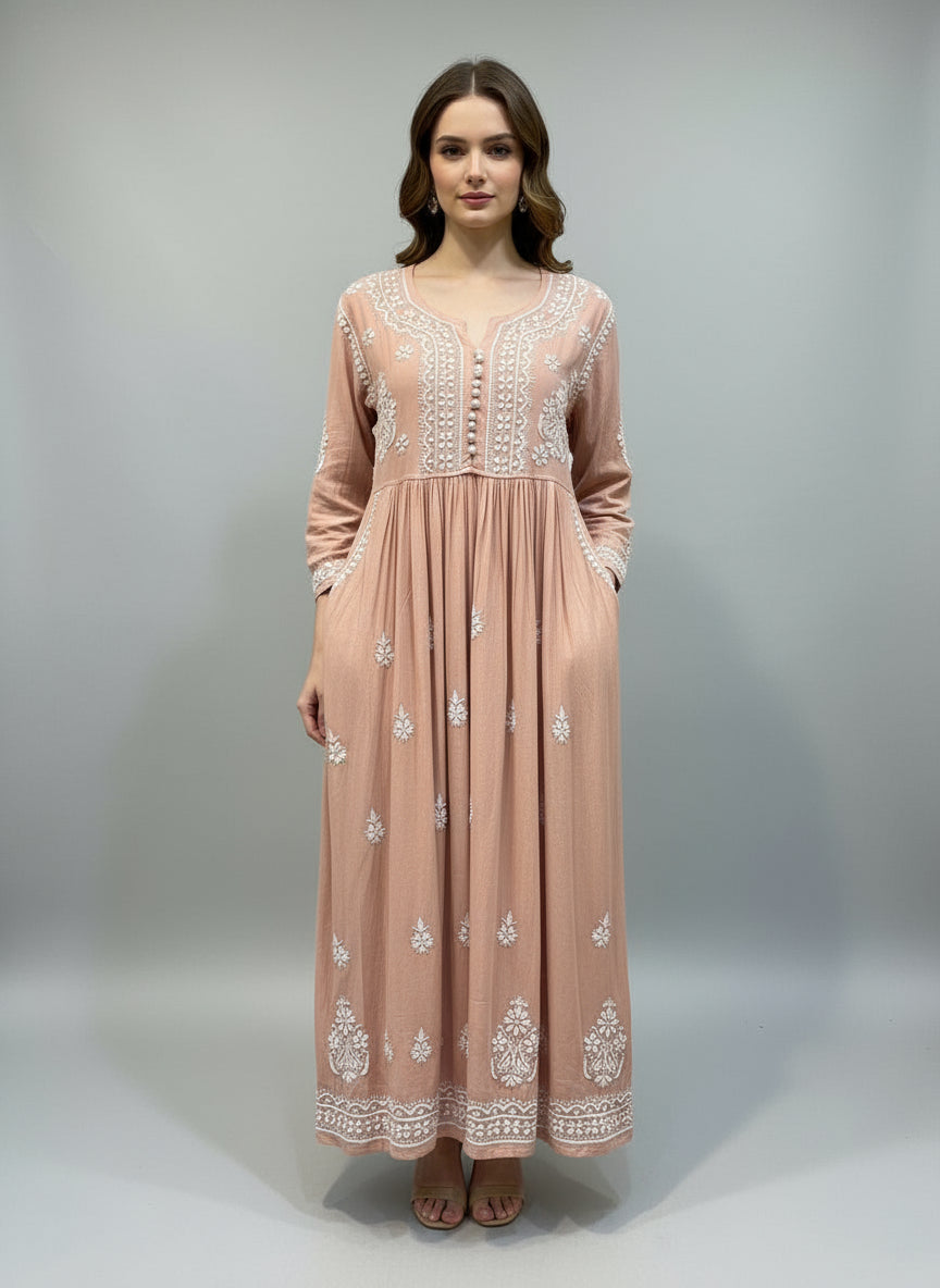 dusty pink Chikankari long dress with pockets, with hand embroidery by famaza couture