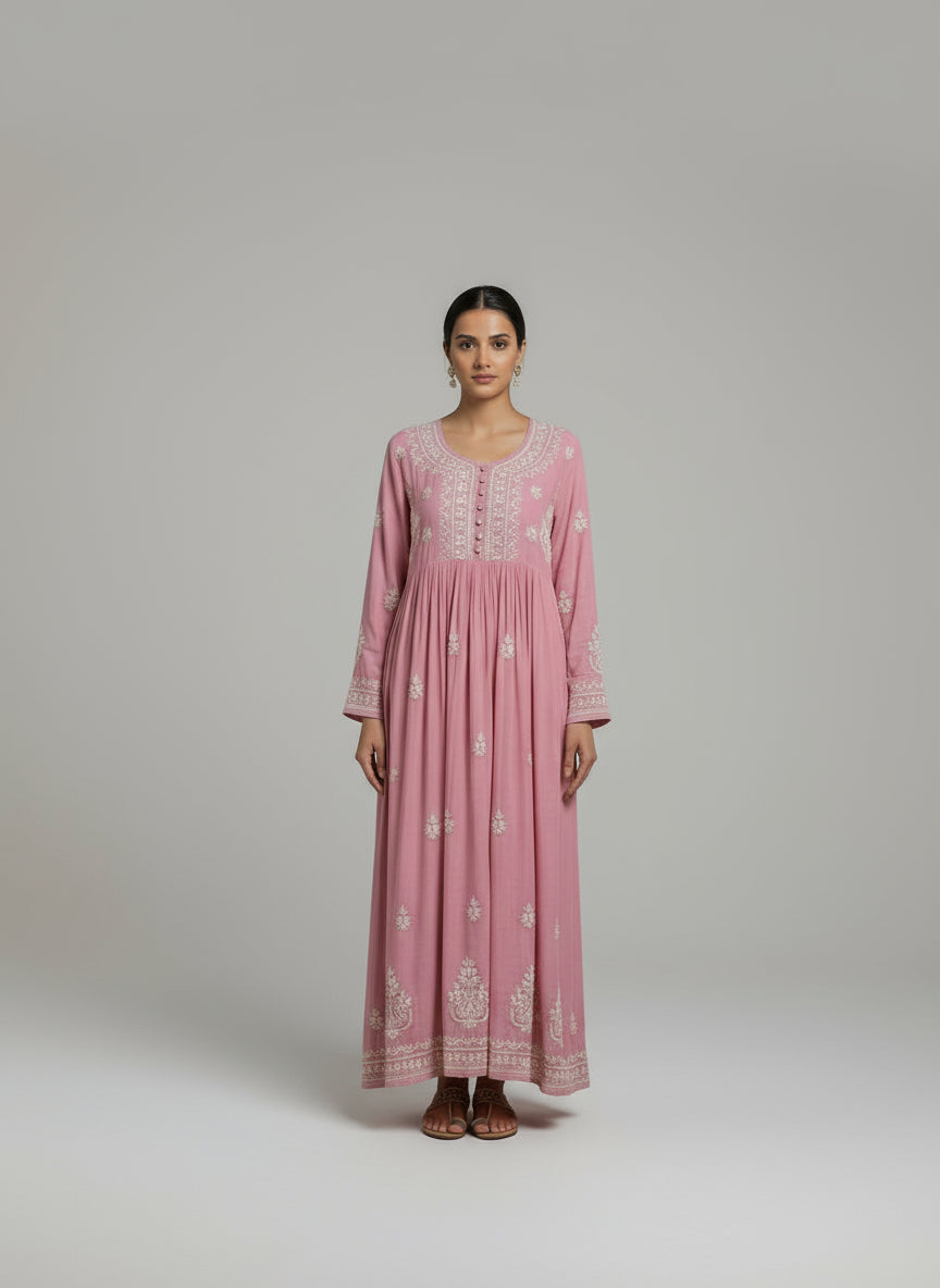 Blush pink Chikankari long dress with pockets, with hand embroidery by famaza couture