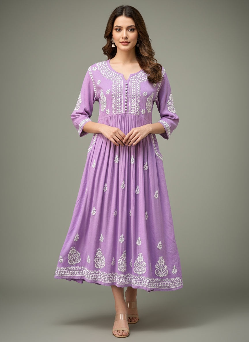 purple Chikankari long dress with pockets, with hand embroidery by famaza couture