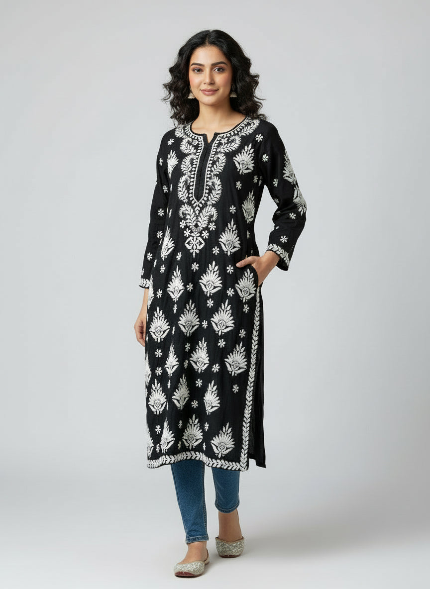 Chikankari long kurti, black with white embroidery in modal fabric