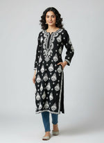 Chikankari long kurti, black with white embroidery in modal fabric