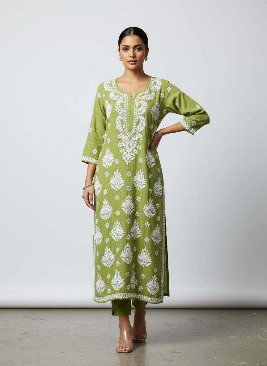 Lime green Chikankari long kurti,with white chikankari embroidery in modal fabric by famaza couture