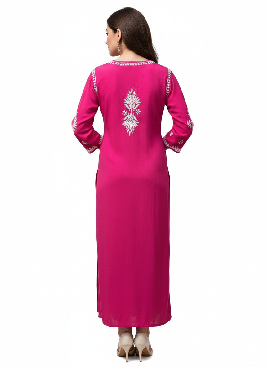 rear view of Chikankari long kurti, hot pink with white embroidery in modal fabric