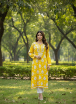 Chikankari long kurti, yellow with white embroidery in modal fabric