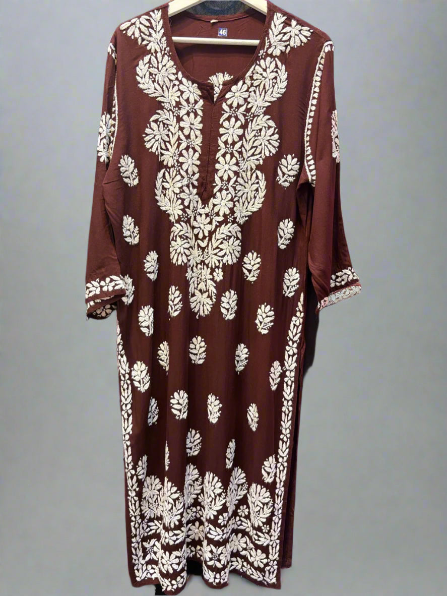 chikankari plus size kurti brown