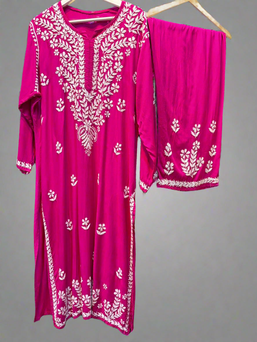 chikankari plus size kurti palazzo magenta