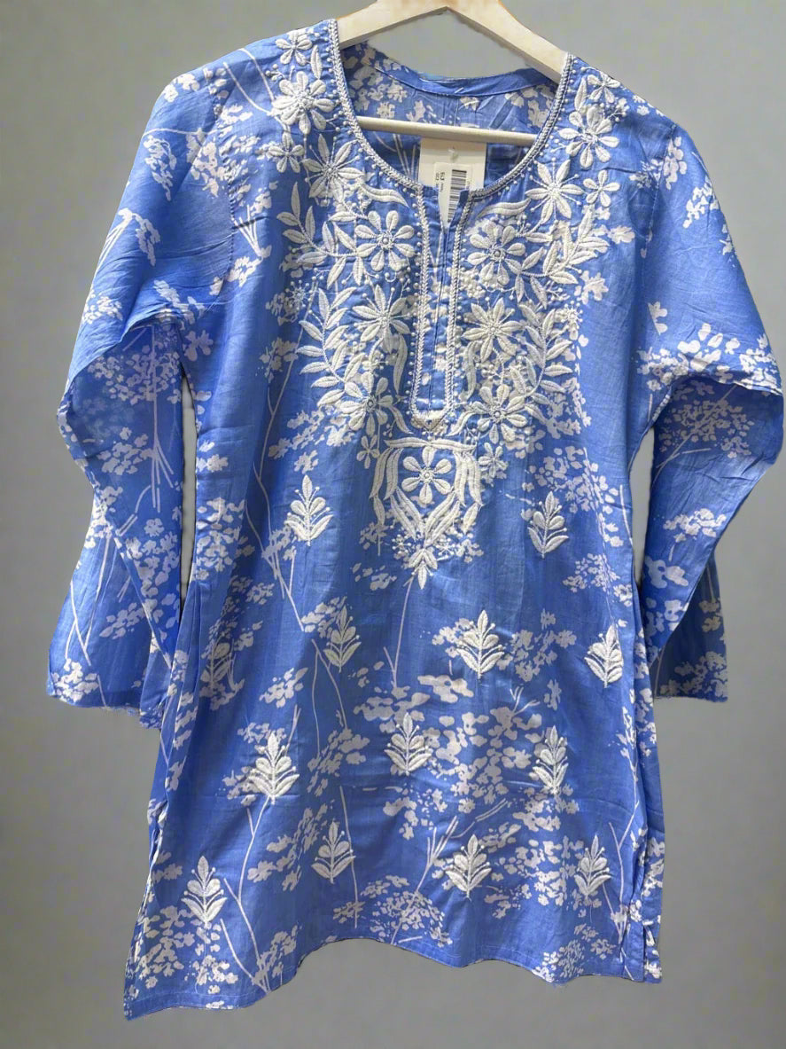 Chikankari printed short kurti, blue with embroidery