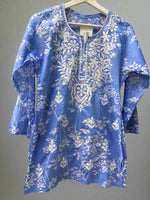 Chikankari printed short kurti, blue with embroidery