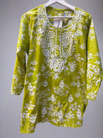 Chikankari printed short kurti, green with embroidery
