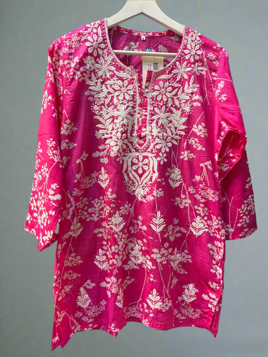 Chikankari printed short kurti, magenta with embroidery