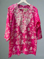 Chikankari printed short kurti, magenta with embroidery