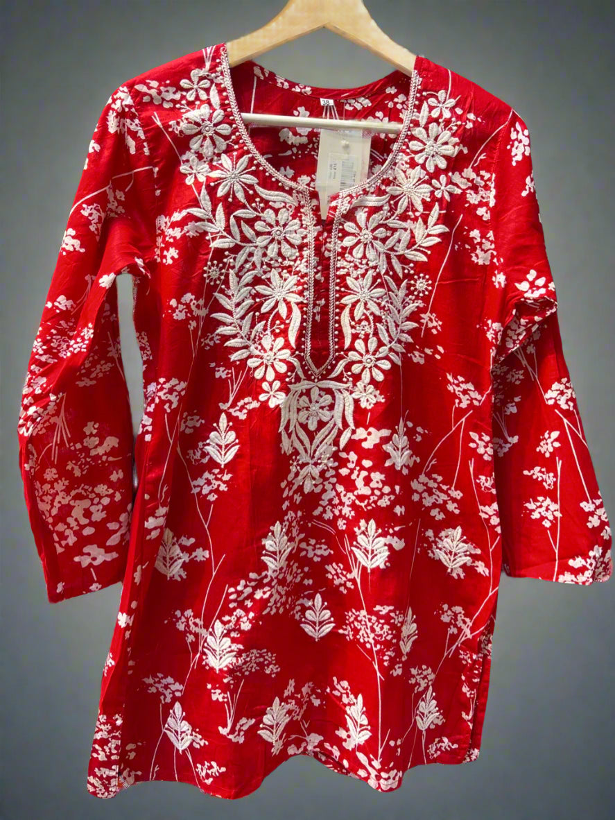 Chikankari printed short kurti, red with embroidery
