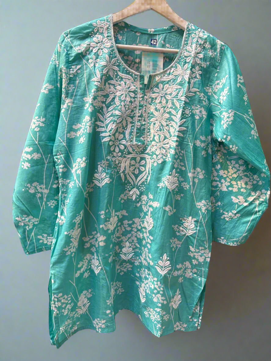 Chikankari printed short kurti, turquoise with embroidery