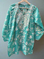Chikankari printed short kurti, turquoise with embroidery