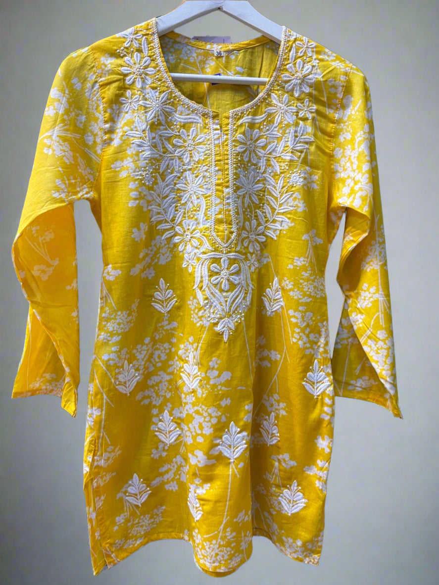 Chikankari printed short kurti, yellow with embroidery