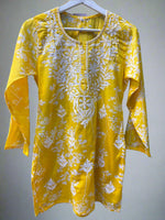 Chikankari printed short kurti, yellow with embroidery