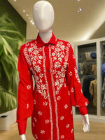 Chikankari embroidered cord set close up displayed on a mannequin, consisting of a front-open shirt