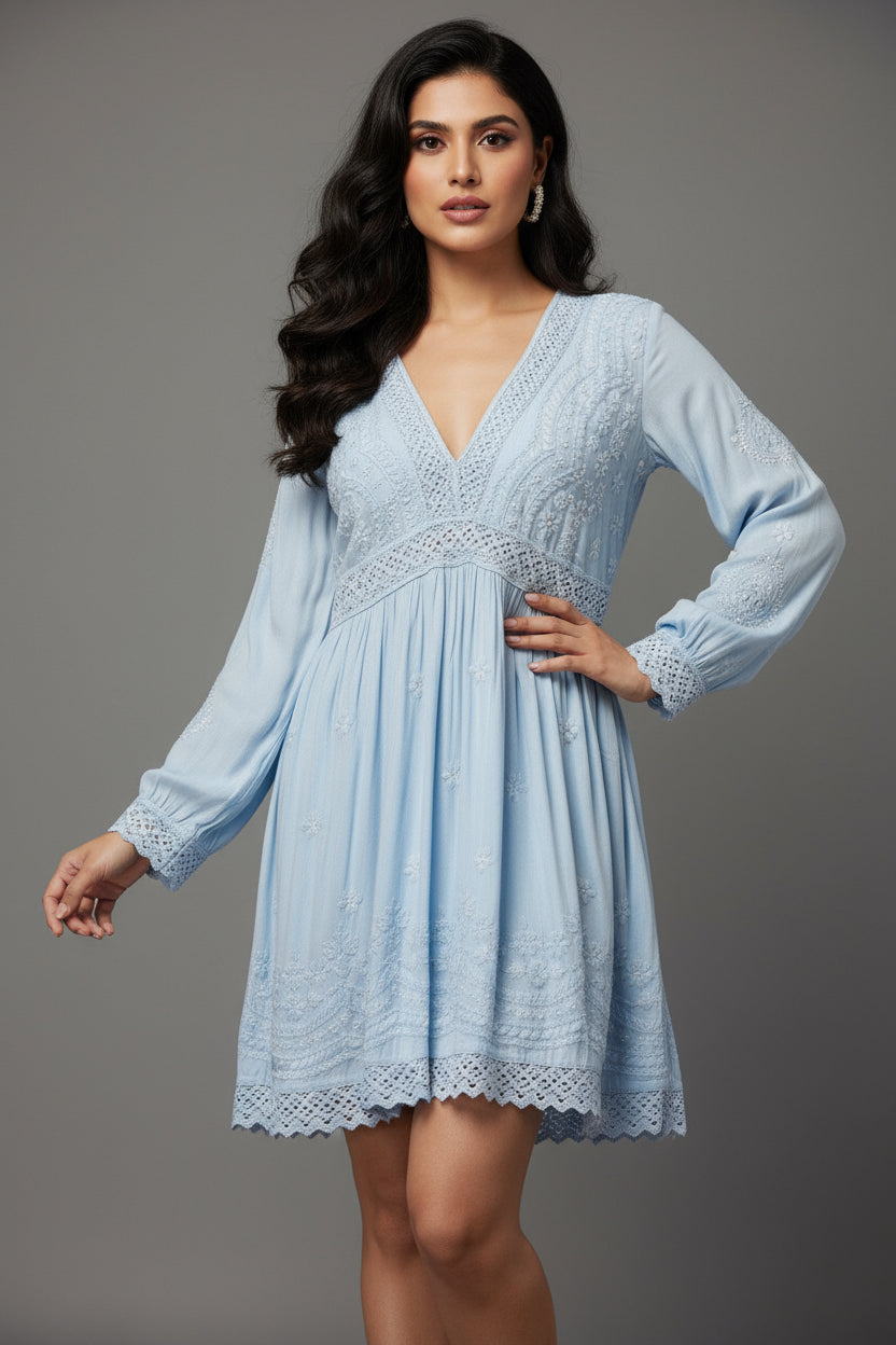 Blue Chikankari short kurti dress with Ghass Patti work