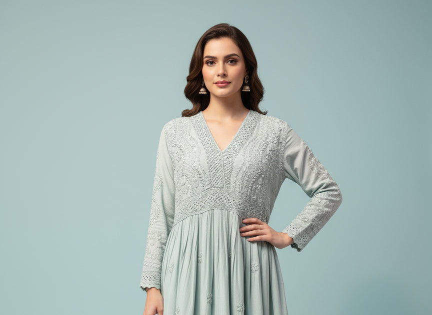 Froze Chikankari short kurti dress with Ghass Patti work